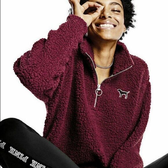 Victoria’s Secret PINK Sherpa Fleece Cranberry/Maroon 1/4 Zip Pullover! 🔥 - Picture 2 of 8
